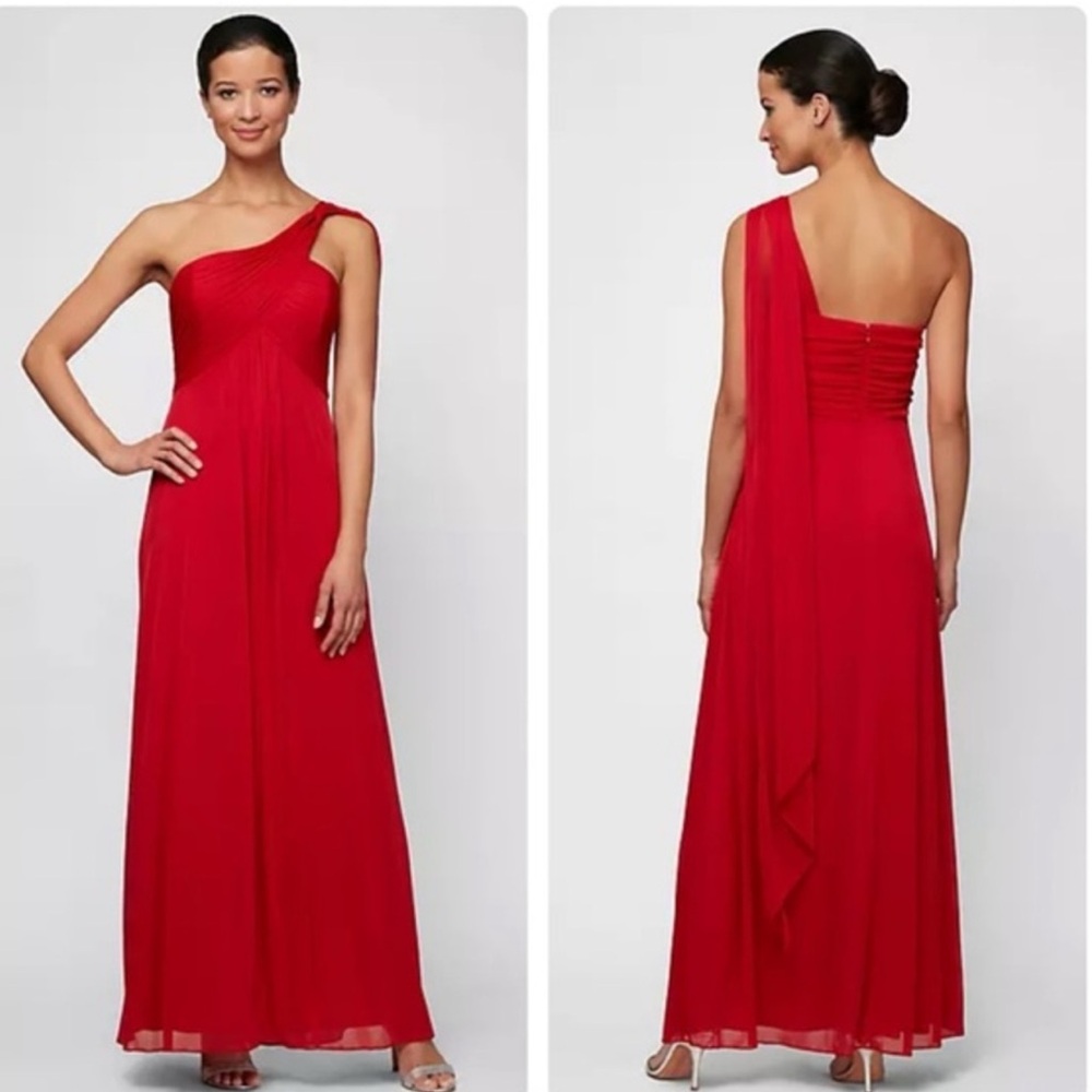 Alex Evenings ❤️ Red Chiffon One Shoulder Empire Waist Evening Gown Dress 8 *EUC